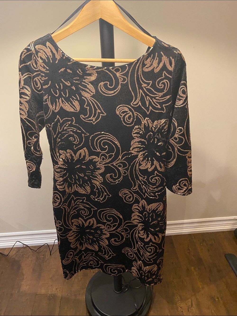 le chateau Black and Gold Floral Long Sleeve Dress